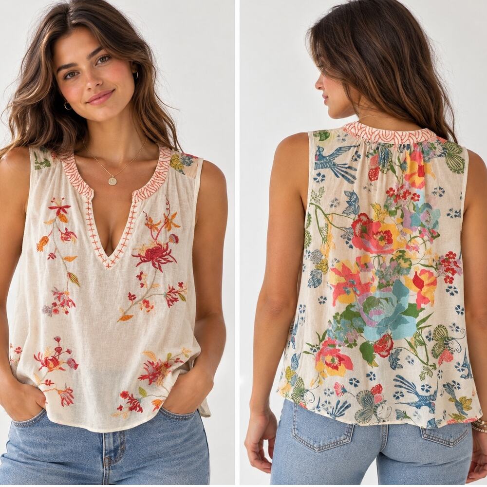 Sundance Embroidered Tank Womens XXL Cream Floral Mixed Print Cotton Boho Top